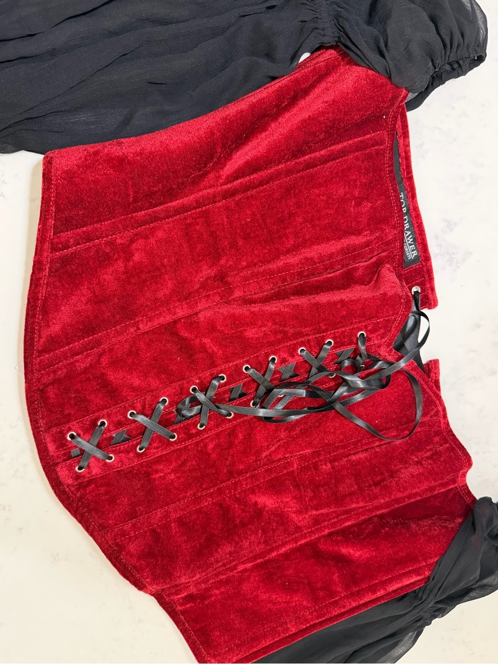 Red Velvet Lace-Up Corset with Black Lacing and black sleeves - Women’s Accessor - Picture 4 of 16